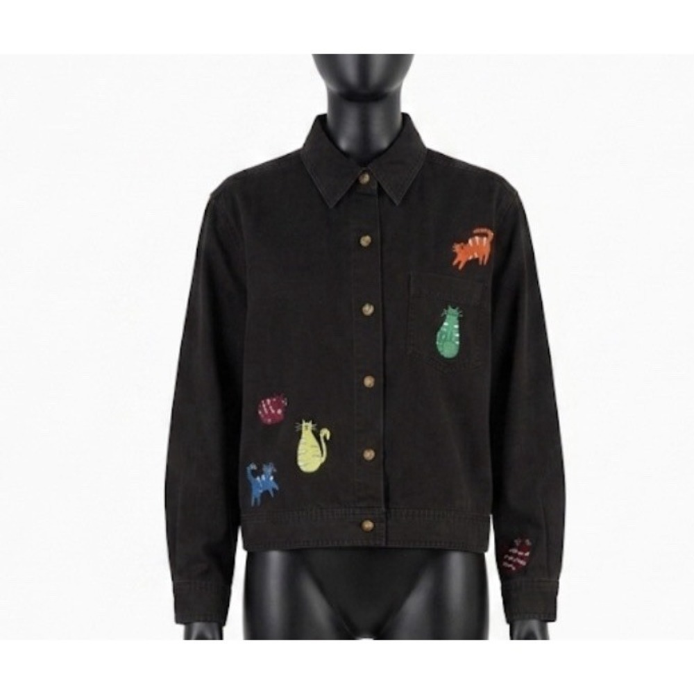 Timberlea Black  Button Up Denim Shirt Vintage Boxy Embroidered Cats L/XL